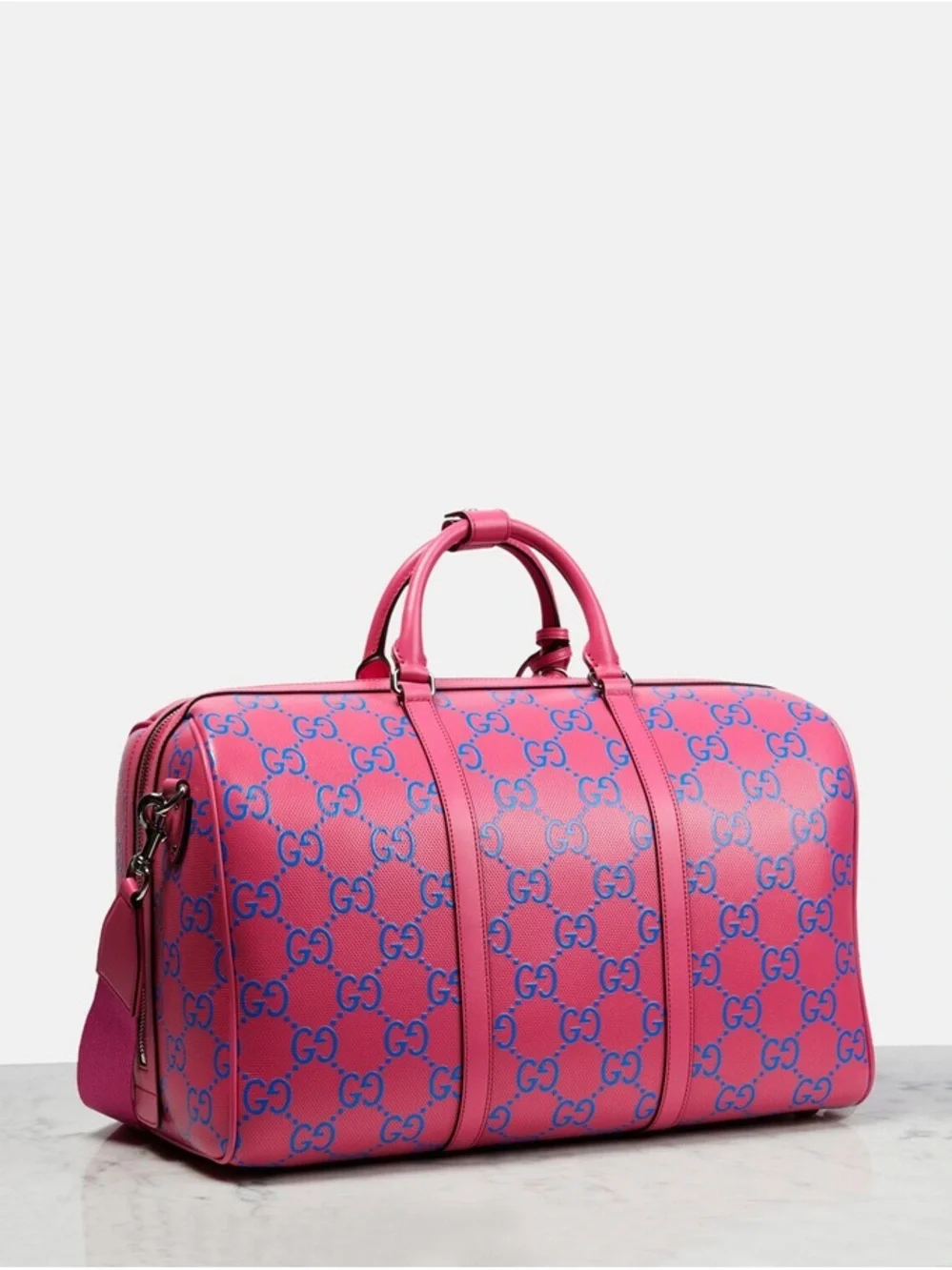 Gucci embossed Pink and Blue GG Supreme Weekender Duffel Bag